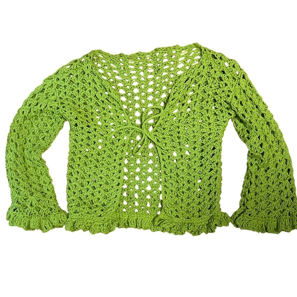 Handmade Green 100% cotton Crochet Tie Front Lacy Cardigan SMALL